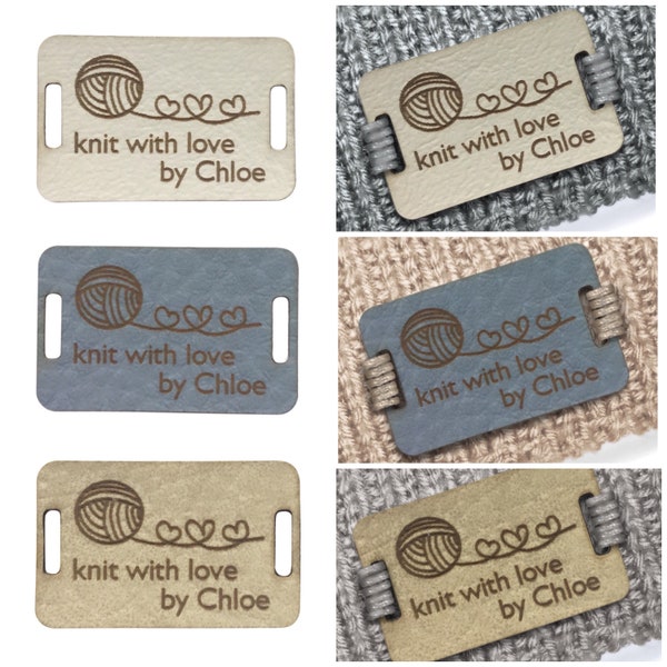 Etiquettes rectangulaires personnalisées en similicuir de 28 mm x 18 mm. Étiquettes en cuir personnalisées, articles faits main en laine coeur brin, étiquettes pour crochet - 003