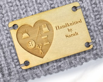 Personalised Large Birch Wood Tags Wooden Handmade Products 60x40mm Knitted Heart Icon - 049