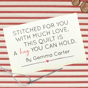 Etiqueta de edredón personalizada, parche de manta, tela de algodón, impresión permanente, etiquetas para coser, 3 tamaños disponibles: pequeño, mediano y grande c001