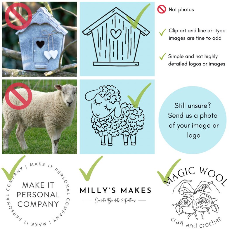 May include: A collection of logos for small businesses. The logos are all in black and white and feature simple designs. The logos include a birdhouse, a sheep, a circle with the text "Make It Personal Company", a circle with the text "Milly's Makes", and a circle with the text "Magic Wool".