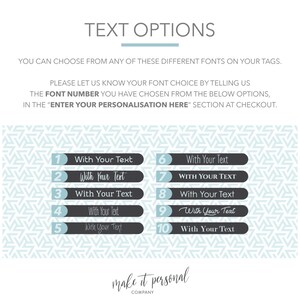 May include: A graphic showing 10 different font options for text on tags. The font options are numbered 1 through 10. The text "With Your Text" is shown in each font style. The text "make it personal COMPANY" is at the bottom of the graphic.