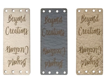 Personalised Centerfold 20mm x 50mm Rectangle Folding Faux Leather labels. Custom leather labels, Tags handmade, Tags Knitting - 001
