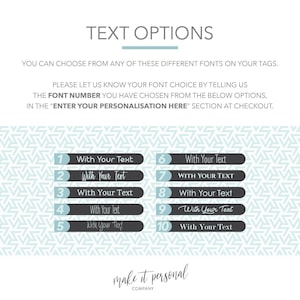 May include: A graphic showing 10 different font options for text on tags. The text reads "With Your Text" in each font style. The font options are numbered 1 through 10.