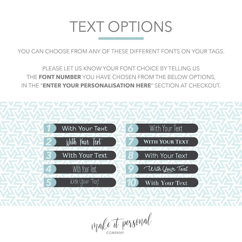 May include: A graphic showing 10 different font options for text on tags. The text reads "With Your Text" in each font style. The font options are numbered 1 through 10.