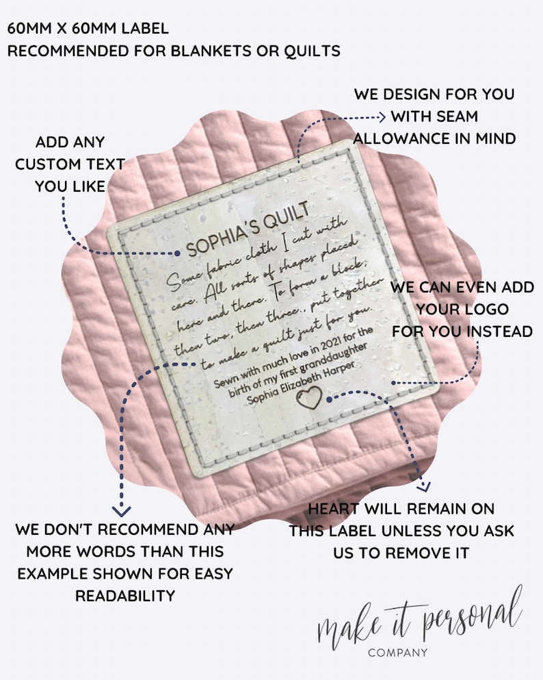 May include: A pink quilt with a white label that says "Sophia's Quilt" and includes a personalised message. The label is 60mm x 60mm and is recommended for blankets or quilts. The text on the label reads: "Some fabric cloth I cut with care. All sorts of shapes placed here and there. To form a block, then two, then three... put together to make a quilt just for you. Sewn with much love in 2021 for the birth of my first granddaughter Sophia Elizabeth Harper."