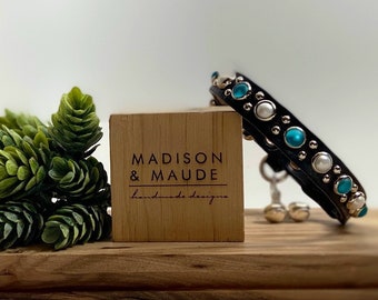 1/2" Elsie Maude  Breakaway Leather Cat Collar - DESIGN YOUR OWN. Shown with Turquoise Moonstones and Pearls