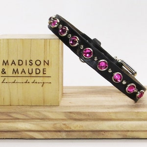 1/2 Keswick Small Leather Dog Collar shown with Clear, Fuchsia and Tangerine Crystals image 2