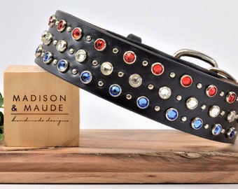 1.5 inch Americana Leather dog Collar shown with Red, White & Blue Crystals or design your own.