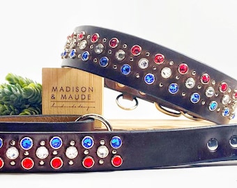 Americana 1.5" Leather Dog Collar and Matching Leash Set shown with Clear Crystals, Sapphire Crystals and Lt. Siam Crystals