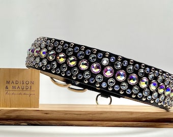 1.5 Whitney Leather Dog Collar shown with Aurora Borealis Crystals, Lagoon Crystals and Lt. Sapphire Crystals