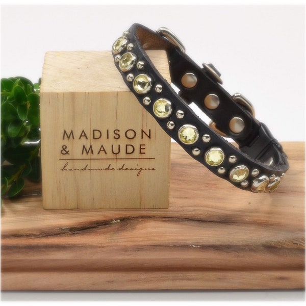 1/2” Elsie Maude Small Leather Dog Collar shown with Light Siam Crystals and Jonquil Crystals