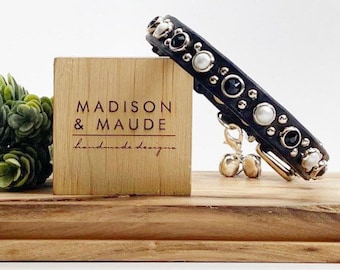 1/2" Elsie Maude Leather Breakaway Cat Collar - DESIGN YOUR OWN. Shown with Pearls and Jet Black Crystals