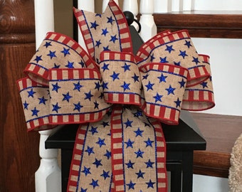 Patriotic Lantern Bow, Red White Blue Star Ribbon, 4th of July Decor