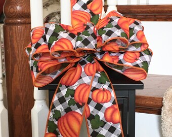 Fall Pumpkin Bow, Black and White Buffalo Check, Lantern Decor