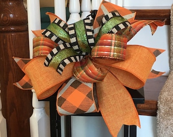 Fall Wreath Bow, Orange Plaid, Lantern Decor