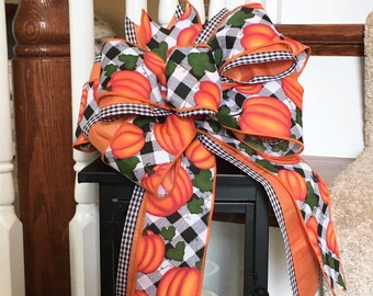 Fall Wreath Bow, Pumpkin Buffalo Check Ribbon, Farmhouse Decor