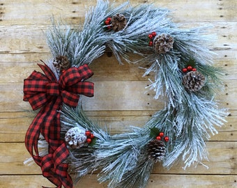 BUFFALO PLAID CHRISTMAS wreath for Front Door, Farmhouse Christmas Wreath, Holiday Decor, Grapevine Wreath, Holiday Gift, Front Door Bow