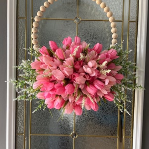 Spring Hoop Wreath, Wood Bead Hoop, Front Door Wreath, Modern Wreath, Farmhouse Decor, Year Round Decor, Tulip Wreath, Mother’s Day Gift