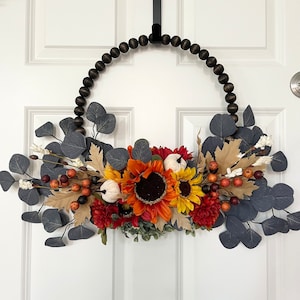 Beaded Hoop Wreath, Fall Wreath, Hoop Wreath, Sunflower Wreath, Fall Decor, Fall Gift, Housewarming Gift, Farmhouse Decor, Everyday Wreath
