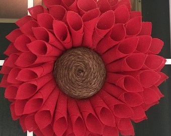 Red Sunflower (L) Wreath, Red Burlap Wreath Spring Wreath, Summer Wreath Front Door Wreath, Burlap Flower Wreath, Sunflower Decor