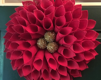 Red Burlap (L) Wreath, Red Poinsettia Wreath, Red Wreath,Burlap Wreath,Interior Decor, Porch Wreath,Front Door Wreath, House Warming gift