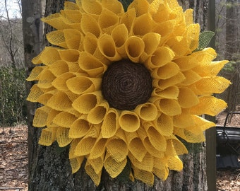 Handmade Yellow Burlap Sunflower Wreath: Spring, Summer, Fall Decor