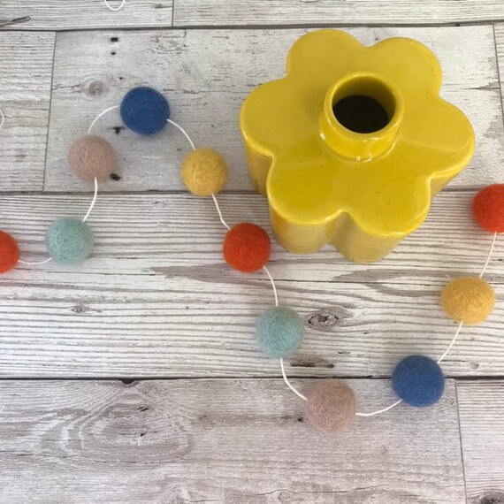 Felt Ball Garland In Dotty Orange Blue Mustard Duck Egg And Taupe Bunting Pom Pom Childrens Bedroom Nursery Decor New Baby Gift