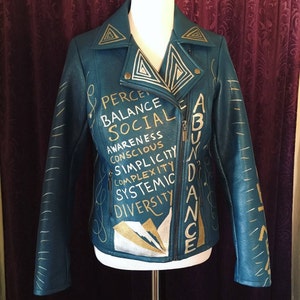 Custom Hand Written On Teal Faux-Leather Moto Jacket with Gold and Silver Acrylic Paint for the Socially Conscious - Woman&#39;s Small