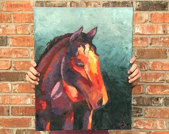 Rood paard. Paard schilderij. Olieverfschilderij. Paardenkunst. Paardenliefhebber. Westerse kunst.