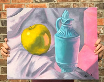 Blauwe vaas stilleven. Olieverfschilderij. Huisdecoratie. Appel schilderij. Appel- en vaasschildering. Stillevenkunst