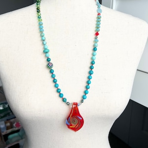 Hand Blown Glass Pendant Necklace with Turquoise and Carnelian Beads - eclectic western style necklace