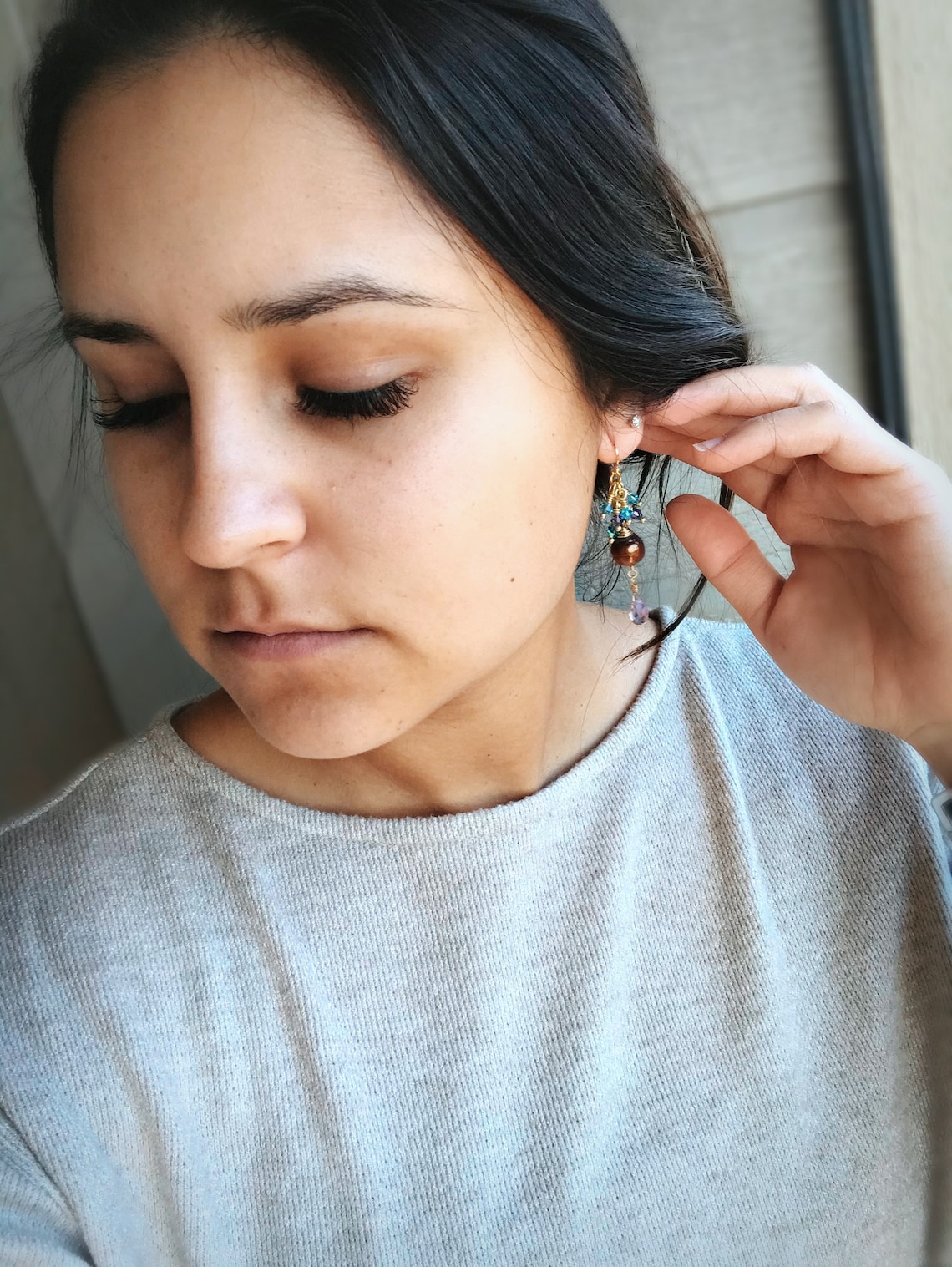 Dark Copper Pearl With Crystals Dangle Earrings Etsy