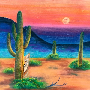 Desert Coyote - Coyote Drawing Print - Coyote Drawing, Coyote Print, Desert Print, Animal Prints, Color Art Print, Cactus Drawing