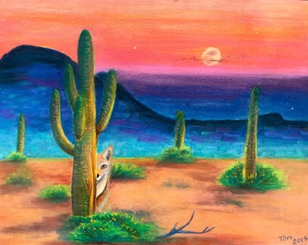 Desert Coyote - Coyote Tekening Print - Coyote Tekening, Coyote Print, Desert Print, Dierenprints, Color Art Print, Cactus Tekening
