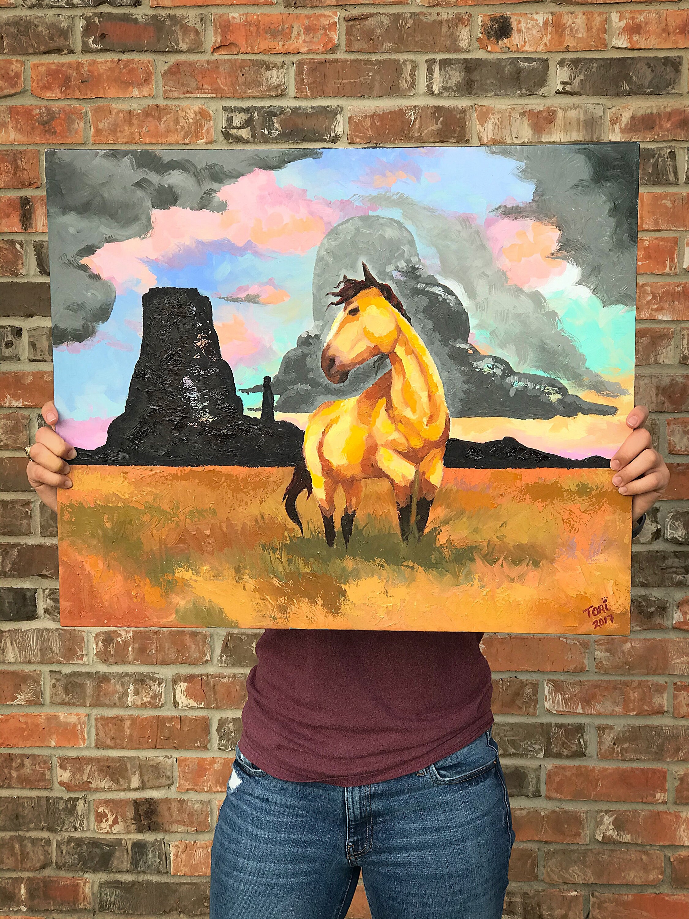 Vrije geest. Paard schilderij. Olieverfschilderij. Paardenkunst. Paardenliefhebber. Westerse kunst.