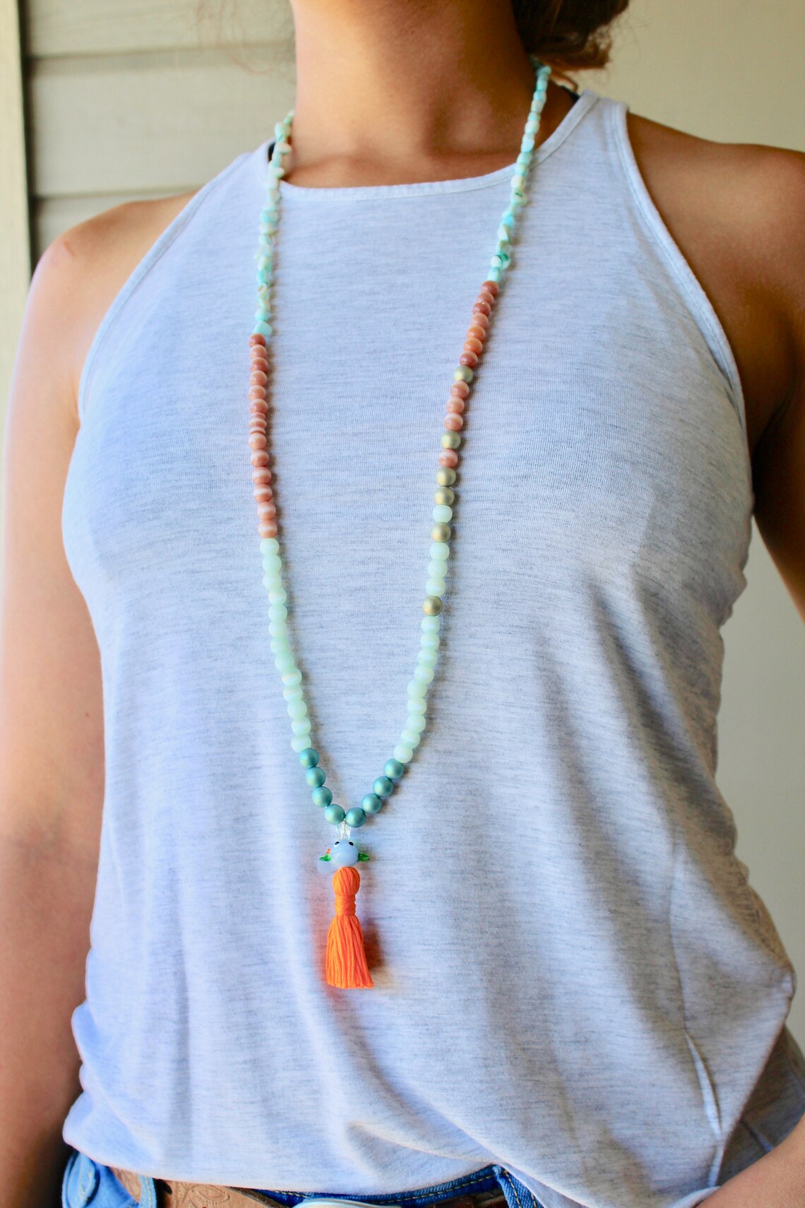 Nautical Orange and Blue Tassel Necklace Long Beaded Etsy