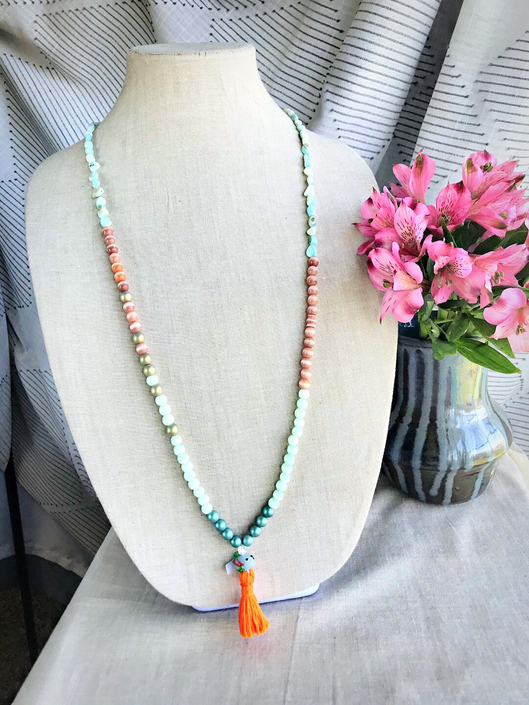 Nautical Orange and Blue Tassel Necklace Long Beaded Etsy