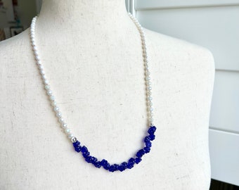 Artsy and Fun Cobalt Blue Floral Beaded Necklace, Beaded Necklace, Eclectic Floral Necklace, Mother of Pearl Beaded Necklace