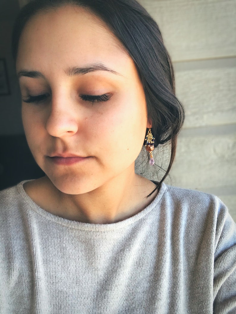 Dark Copper Pearl With Crystals Dangle Earrings Etsy