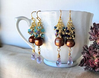 Dark Copper Pearl with Crystals Dangle Earrings
