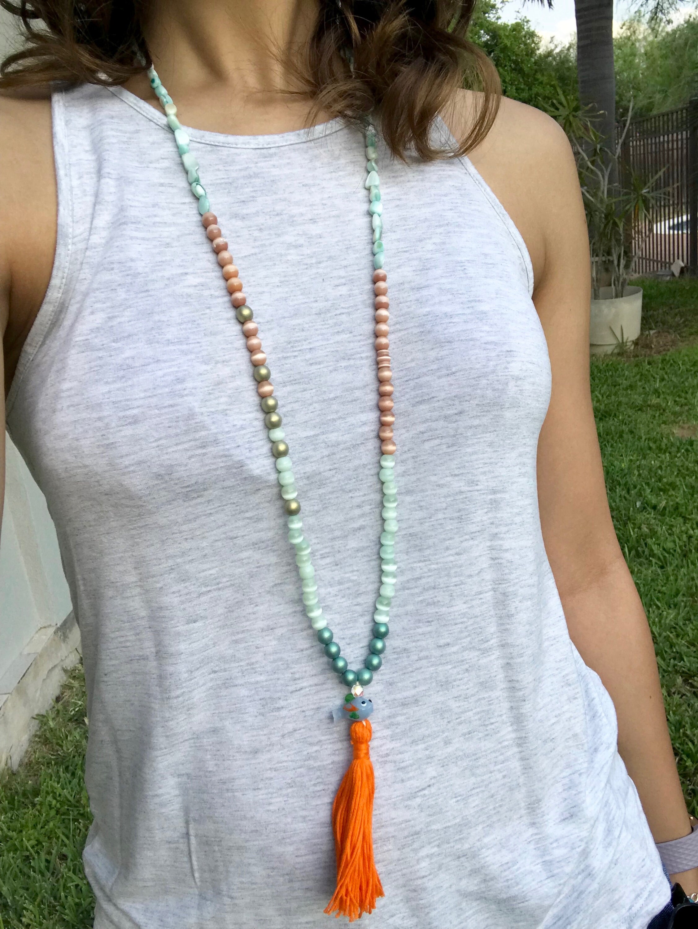 Nautical Orange and Blue Tassel Necklace Long Beaded Etsy