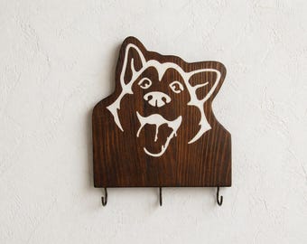 Llavero rústico con forma de perro / Organizador de pared de madera para la entrada con ganchos / Regalo para amantes de las mascotas