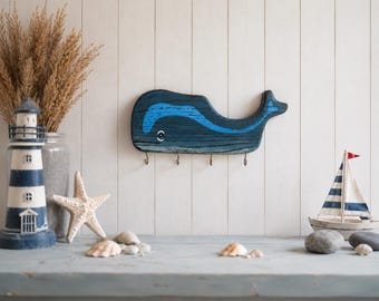 Whale Key Holder for Wall | Coastal Nautical Wooden Key Rack | Beach House Entryway Organizer