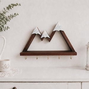 Mountain Key Holder with Shelf | Rustic Wooden Wall Key Rack | Gift for Hikers