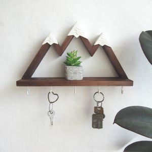 Mountain Wall Key Holder with Shelf: Rustic Pine Wood Cabin Decor