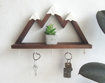 Mountain Key Holder for Wall  | Wooden Key Rack with Shelf | Cabin Entryway Decor | Nature Lover Gift