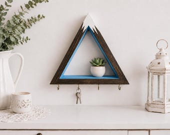 Wooden Triangle Key Holder with Mountain Design, Shelf and 4 Hooks