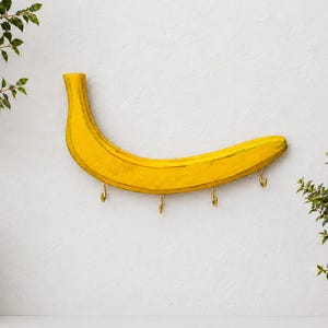 Banana Key Holder for Wall | Funky Fruit Key Rack with Hooks | Tropical Entryway Decor