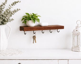 Brown Rustic Wooden Wall Key Holder with Shelf and 5 Hooks