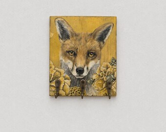 Fox Wall Key Holder with Hooks | Woodland Animal Wooden Key Rack | Forest Entryway Decor